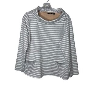 Susan Graver Weekend Grey White Striped Cowl Neck Top with Pockets Womens Medium
